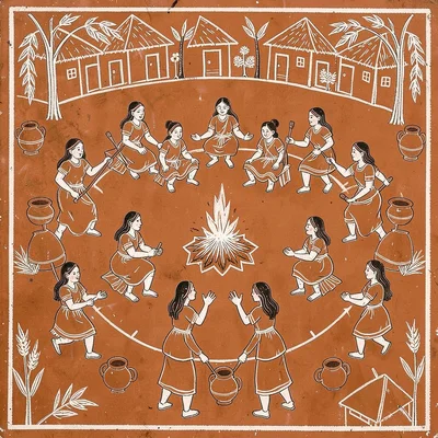 Communal cooking scene — circle of women around fire, clay pots at each position
