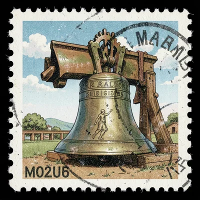 Postage stamp illustration, Liberty Bell iconic view , tiny perfect composition,