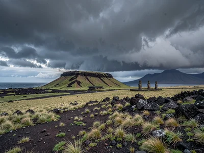 Edge-of-world isolation on Rapa Nui, Storm clouds gathering over the empty islan