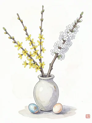 A traditional Japanese-style arrangement of spring branches — forsythia, pussy w