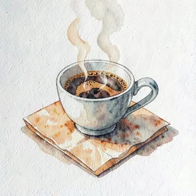 Gouache illustration of a steaming cup of coffee on a folded napkin, ochre and c