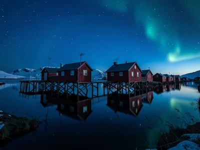 Polar night blue hour in Tromso, Norway, a cluster of red fishing cabins on stil