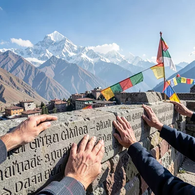 High altitude clarity of Kathmandu, Nepal, Stone mani wall carved with prayers, 