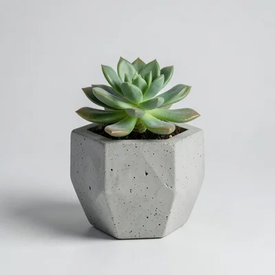 A potted succulent in a concrete planter, geometric shape, against pale grey, pe
