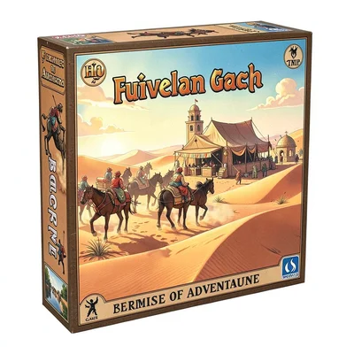 Board game box illustration, a nomadic caravan crossing desert dunes, silk road 