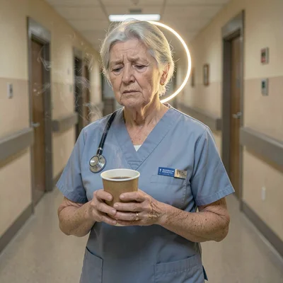 A weary white nurse in her fifties pausing in a hospital corridor, a paper cup s