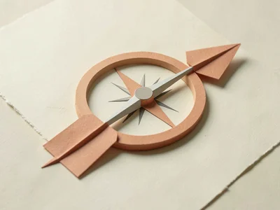 An oversized matte paper compass shows one folded terracotta arrow pointing acro