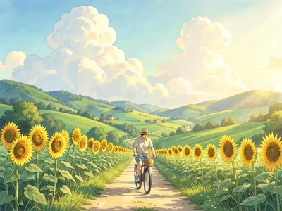 Person riding a bicycle down a country lane lined with sunflowers, gentle breeze