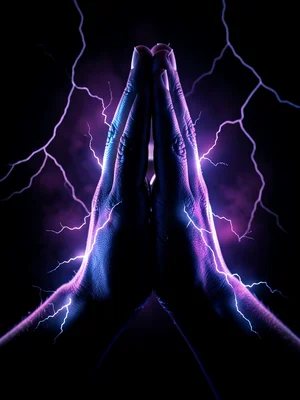 Hands in prayer position solarized until fingers become lightning, devotion rend