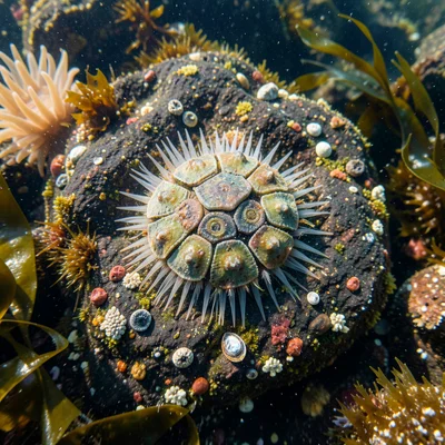 Chiton (Mopalia) on intertidal rock, eight armored shell plates surrounded by br