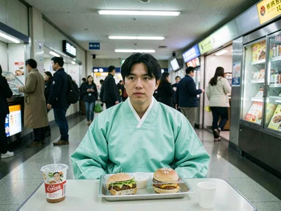 Person in mint green hanbok at food court table, plastic tray with fast food