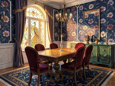 Silver-leaf-trimmed art-nouveau dining room at golden hour with one stained-glas