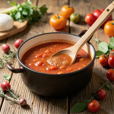 Close-up of a bubbling pot of tomato soup with a wooden spoon resting on the rim