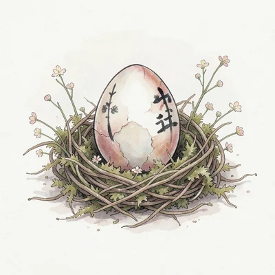 A single decorated egg resting in a nest of dried moss and tiny spring flowers, 