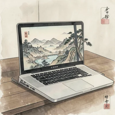 Laptop on desk rendered in ukiyo-e style, screen content as miniature landscape 