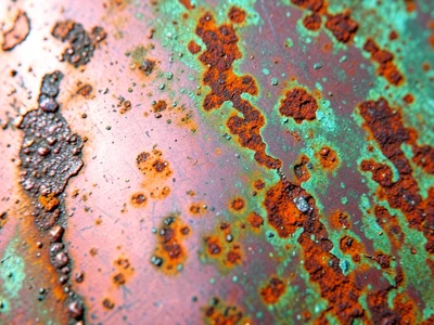 Light patina on raw copper, early stages of oxidation showing pink-to-brown tran