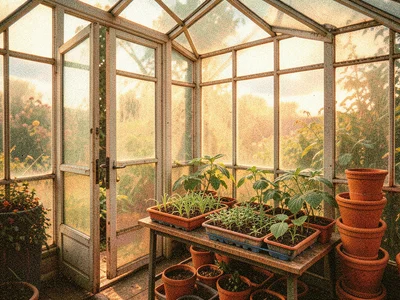 An old greenhouse with its door propped open, trays of seedlings on a potting be