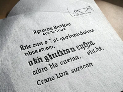 An envelope flap detail showing a return address in 7pt Gotham Book, the letterp