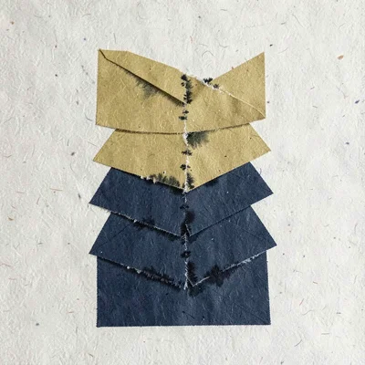 Vertical riso ad of a stacked tower of envelope shapes overlapping in mustard an