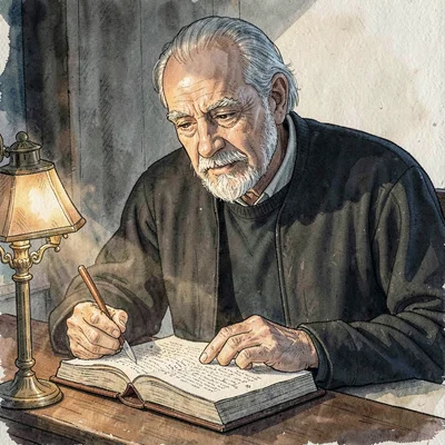 A gentle Black manuscript scholar in his fifties tracing a folio with a small ru