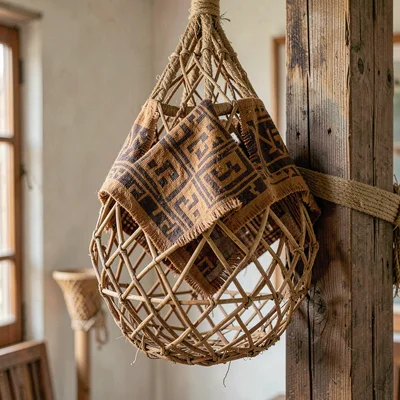 Warm tapa cloth browns and geometric pattern rhythm, A woven fish trap, the comp