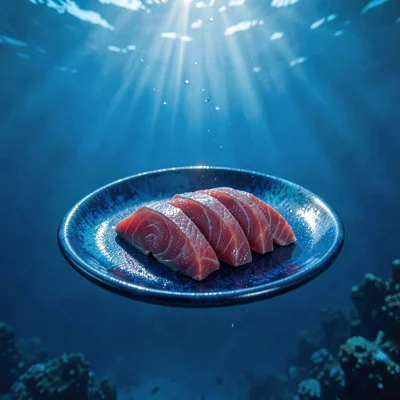 Deep oceanic blue saturation, light filtering through density, Sliced bluefin tu