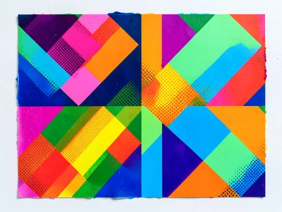 Memphis-style pattern in pride rainbow dayglo colors, geometric shapes, bold