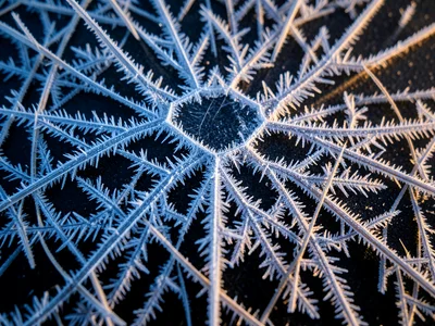 Hoar frost on dead grass blades, each blade encased in a sheath of needle-like c