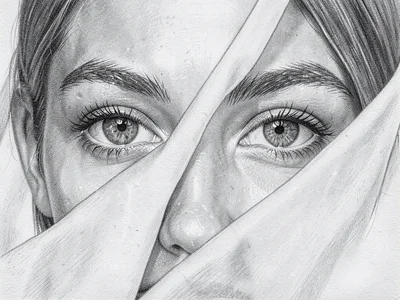 Eyes peering through sheer fabric