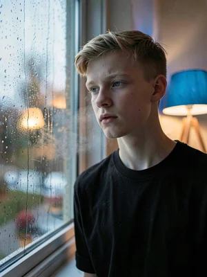 Teenage white boy leaning against a rain-streaked window, breath fogging the gla
