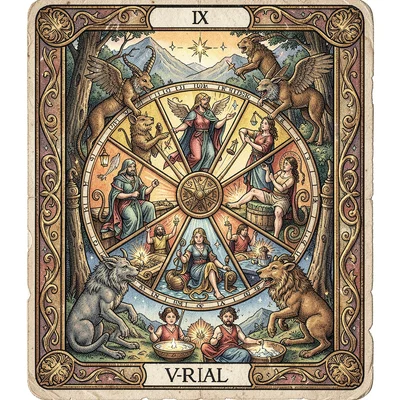Tarot card illustration, Wheel of Fortune with mystical creatures at corners , s