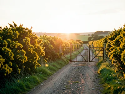 Country road lined with blooming gorse bushes, golden yellow against green hedge
