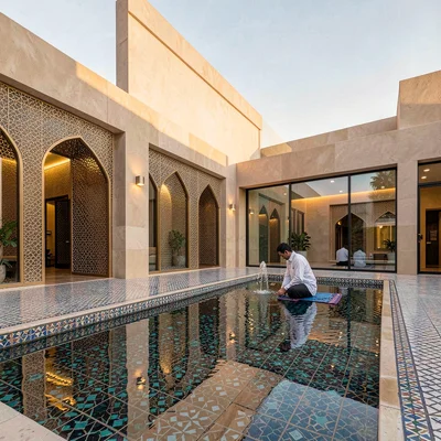 Contemporary Gulf photograph with heritage contrasts, Mosque courtyard at dawn, 