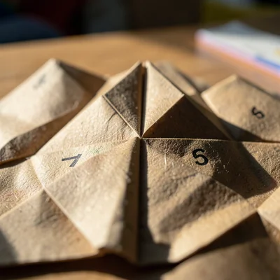 Paper fortune teller on school desk, numbered panels, childhood game
