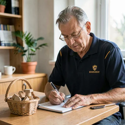 Portrait of a coach writing in a notebook beside a small basket of wooden toys, 