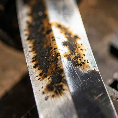 Vertical macro of a quenched blade tang with discoloration bands, deep tonal shi