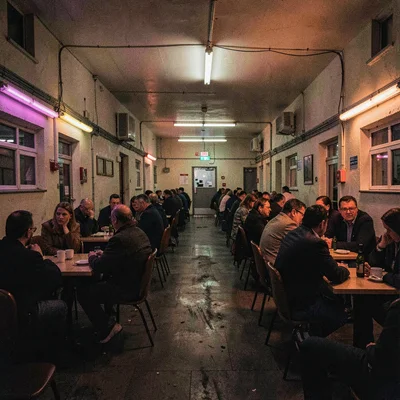 3am-shift wide of a Saturday-night crowd packed at small tables, magenta and war