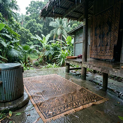 Open-air fale life in Samoa after rain, Tapa cloth geometric patterns in brown o