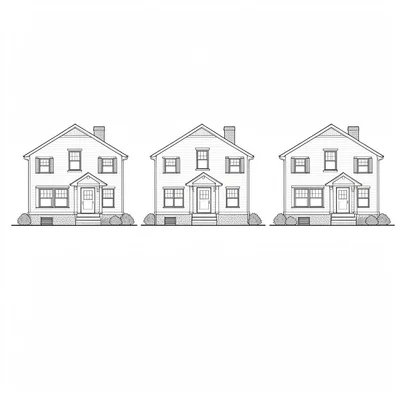 Blueprint of a row of three small townhomes, repeated module diagram