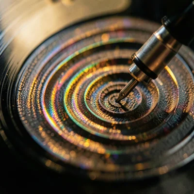 Stylus in groove from above, diamond needle nestled in the modulated spiral, con
