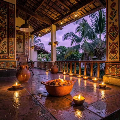 Vivid photograph with Trinidadian cultural fusion aesthetic, Deyas lit for Dival