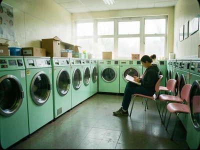 A laundromat with mint-green washers and pink chairs, a person reading while mac