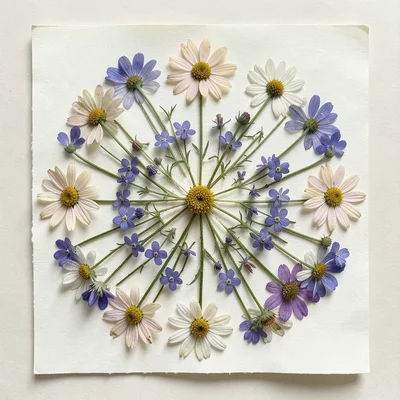 A mandala arrangement of pressed daisies and forget-me-nots, radiating from a ce