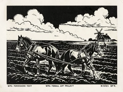 Two horses pulling a plow through dark soil, the farmer walking behind, a farmho