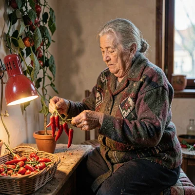 A patient Roma grandmother in her seventies stringing peppers to dry, lamp warmt