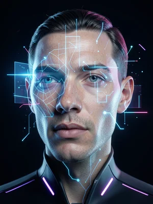 Face transitioning from polygon mesh wireframe to photorealistic skin, mid-proce