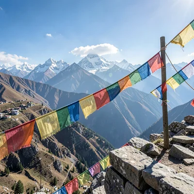 High altitude clarity of Kathmandu, Nepal, Prayer flags faded by sun and wind, c