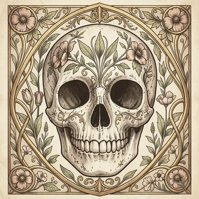 Sugar skull with Art Nouveau botanical illustrations as decorative elements