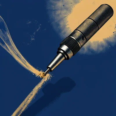 Bold riso poster of a halftone soldering iron with a wisp of smoke in indigo and