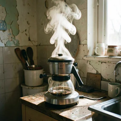 Steam rising from a stovetop espresso maker in a cramped kitchen, morning light 